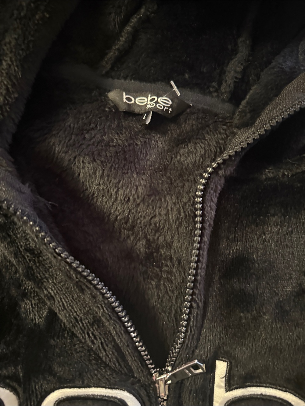 bebe Black Plush Zip-Up Hoodie with Logo Size Large - Picture 2 of 2